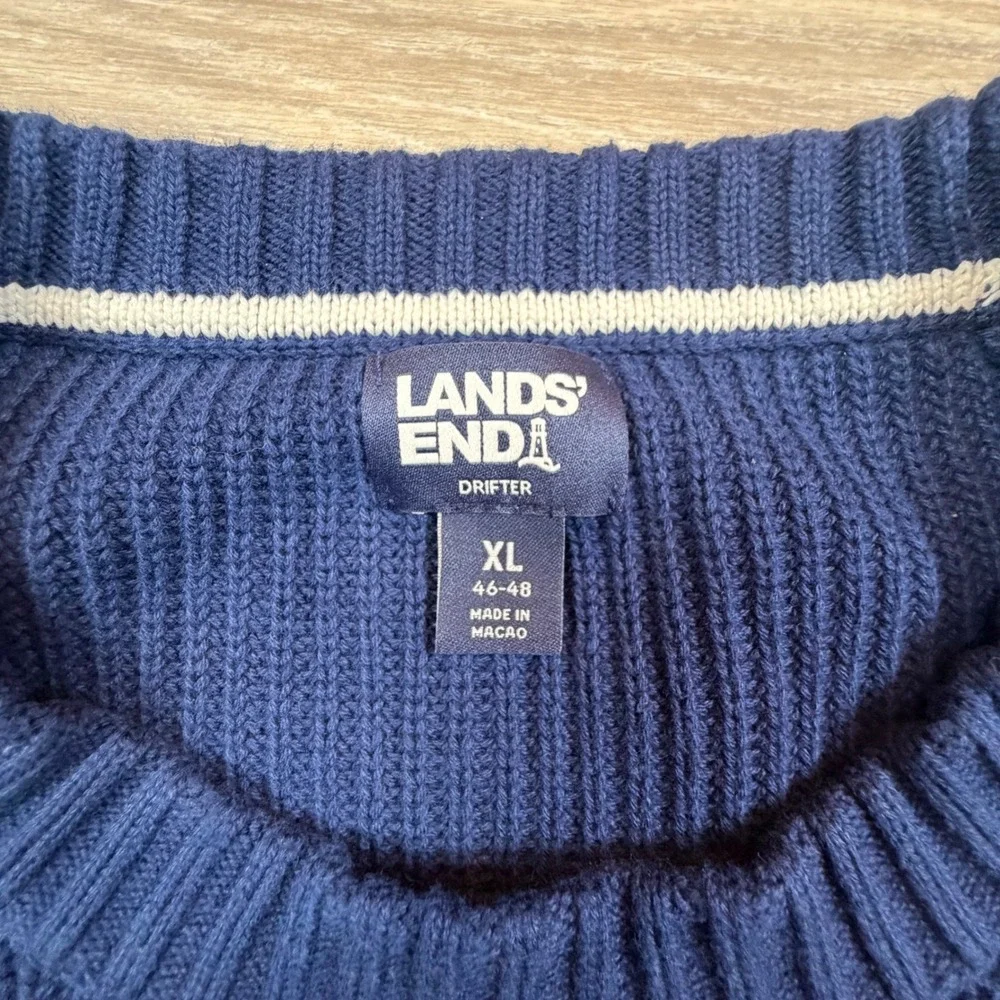 Lands End Drifter Mens XL Navy Blue‎ White Striped Shaker Knit Cotton Sweater - Picture 2 of 7